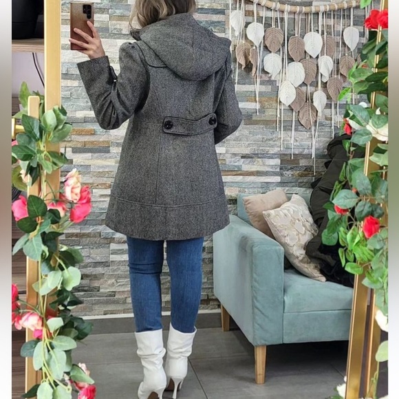 Croft & Barrow Tweed Wool Hooded Pea Coat Jacket Double Breasted Gray Black Med - Picture 2 of 13